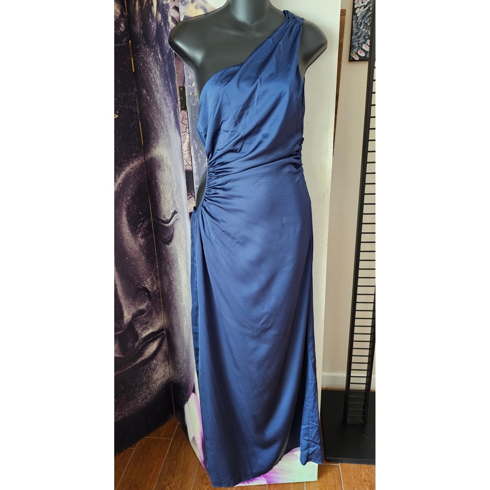 Delfi Collective Navy Blue Satin One Shoulder Cutout Maxi Dress S Made in USA